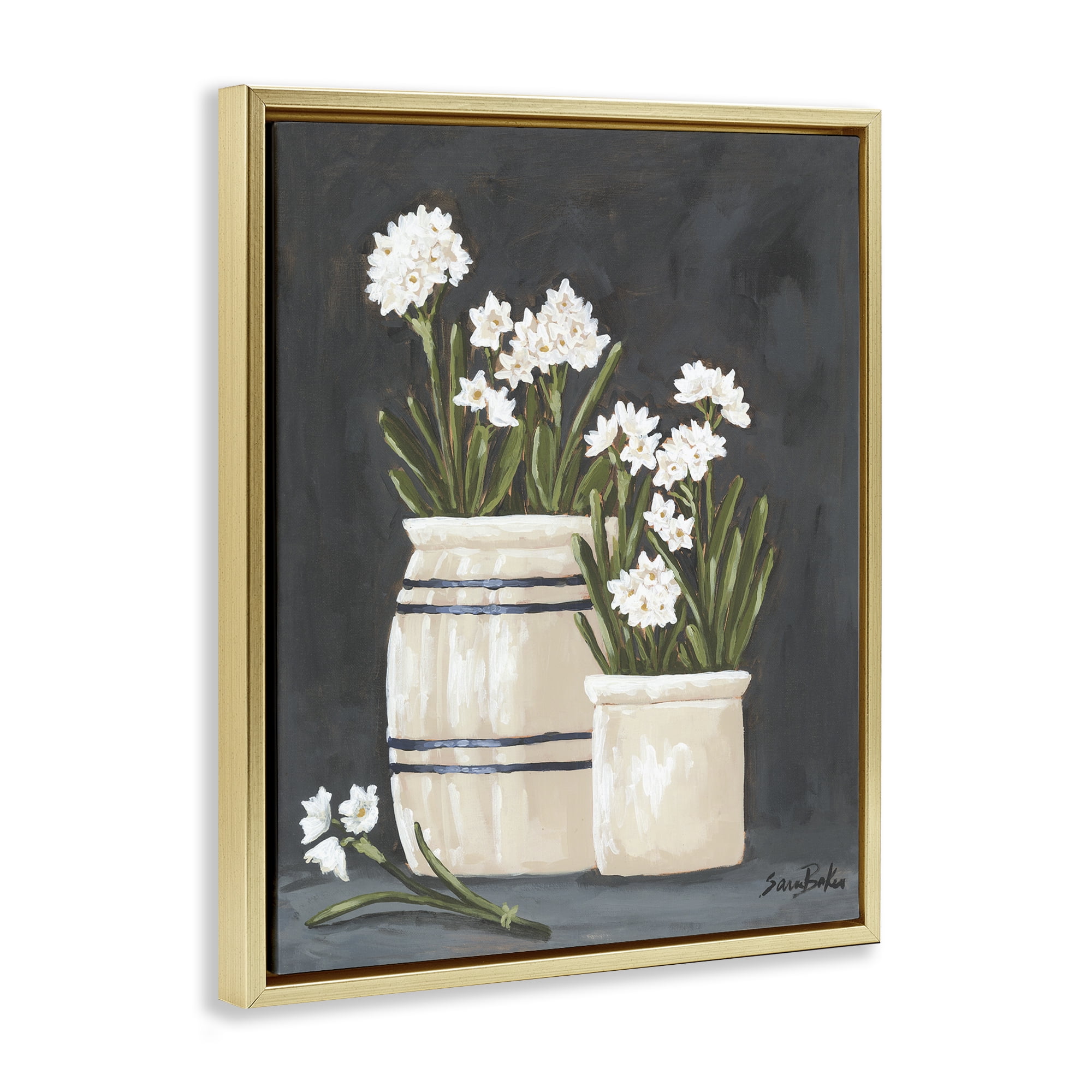 Stupell Industries Vintage Crocks & Paperwhites Gold Framed Floater Canvas Wall Art, design by Sara Baker
