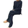 thumbnail image 3 of YUGYXL 2 Piece Loungewear Outfits for Women Solid Color Knit Ribbed Sets Fashion Stripe Textured Shirt and Wide Leg Pants Plus Size Lounge Set Today Blue,XL, 3 of 8