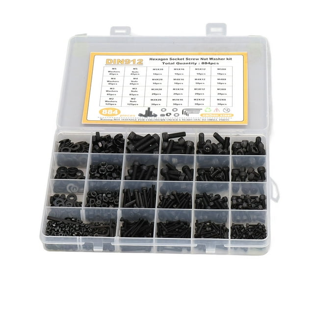 Screw Nut Washer Kit,884PCS Screw Washer Nut Hex Socket Head Cap Screw Kit Carbon Steel Screw Nut Washer Kit Leading Edge Technology