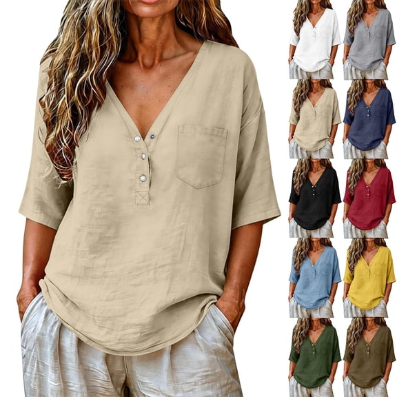 Only Moment Womens Blouses Spring Tops V Neck Short Sleeve Tops Business Casual Dressy Blouses Basic Tees for Women Beige,L