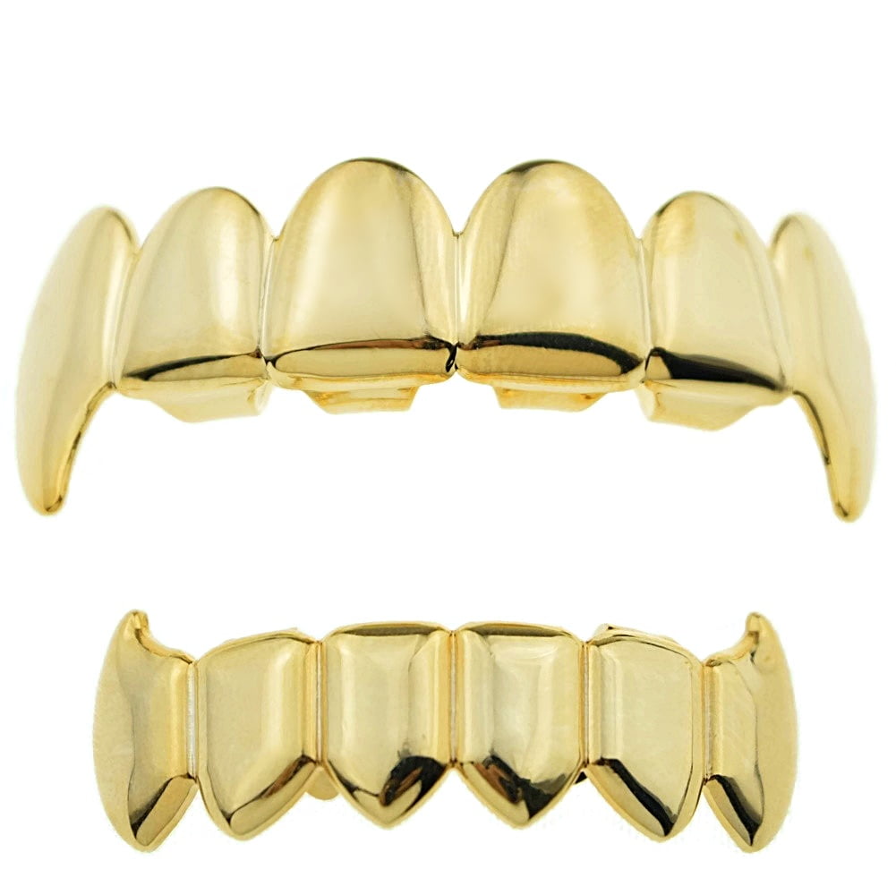 4 pc Fangs Set Grillz Gold Rose Gold Tone Grill Combo Top Bottom Teeth w/Molds 