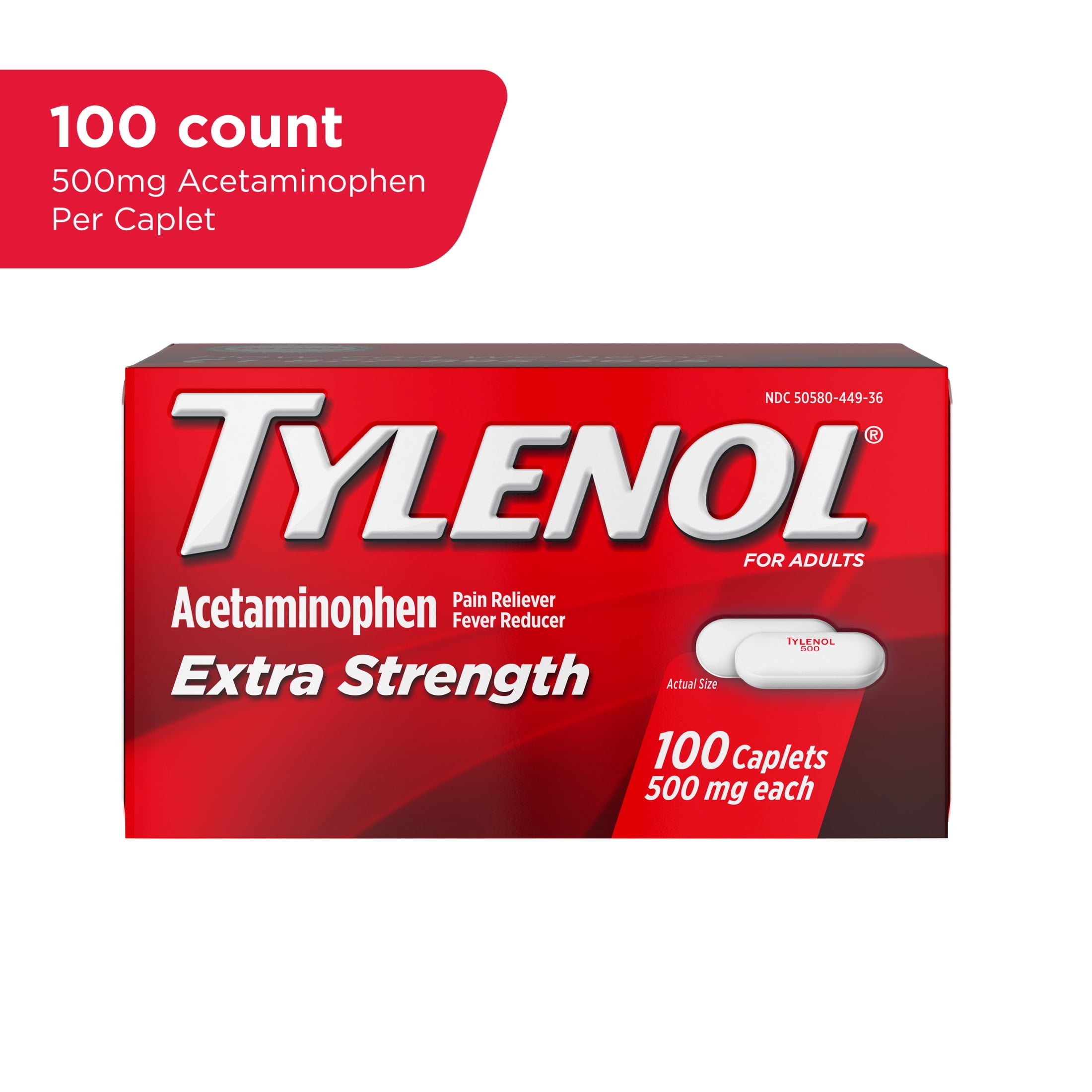 Tylenol Extra Strength Caplets, Fast, Strong Pain Relief, Acetaminophen 500 mg, 100 Count