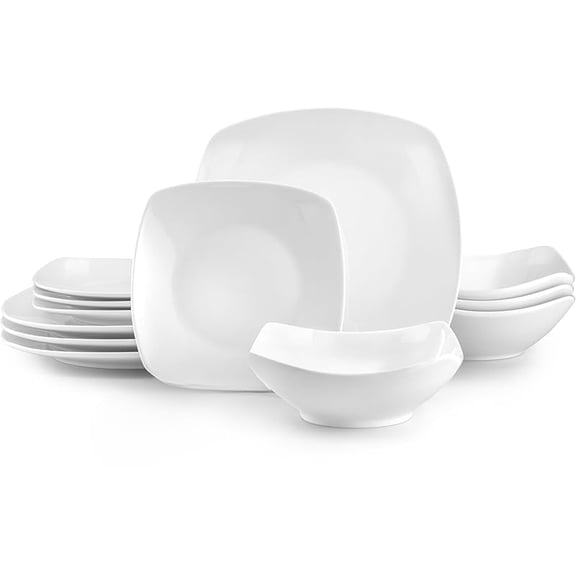 Plates and Bowls Sets, 16 Piece Modern Porcelain Dish Set for 4, Chip and Scratch Resistant Square Dinnerware Set, Microwave and Dishwasher Safe, Pearl White