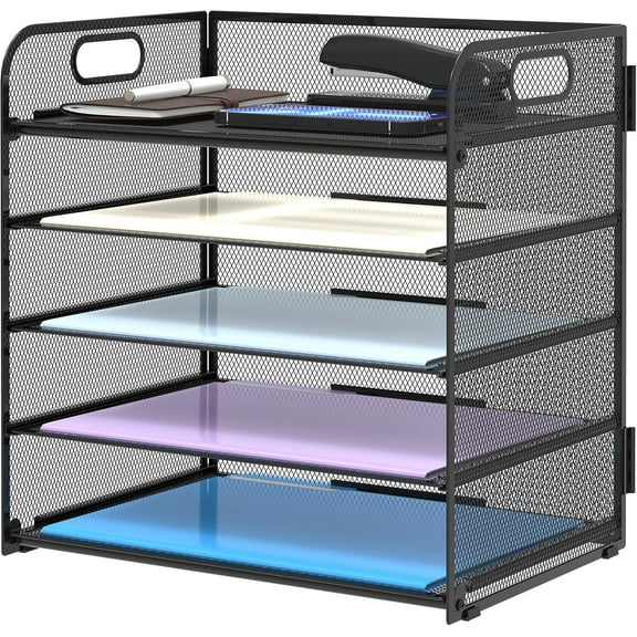 5 Tray Paper Organizer Letter Paper Tray with Handle Grid Desktop Document Organizer, Paper Sorter Desktop Organizer for Office, Home or School