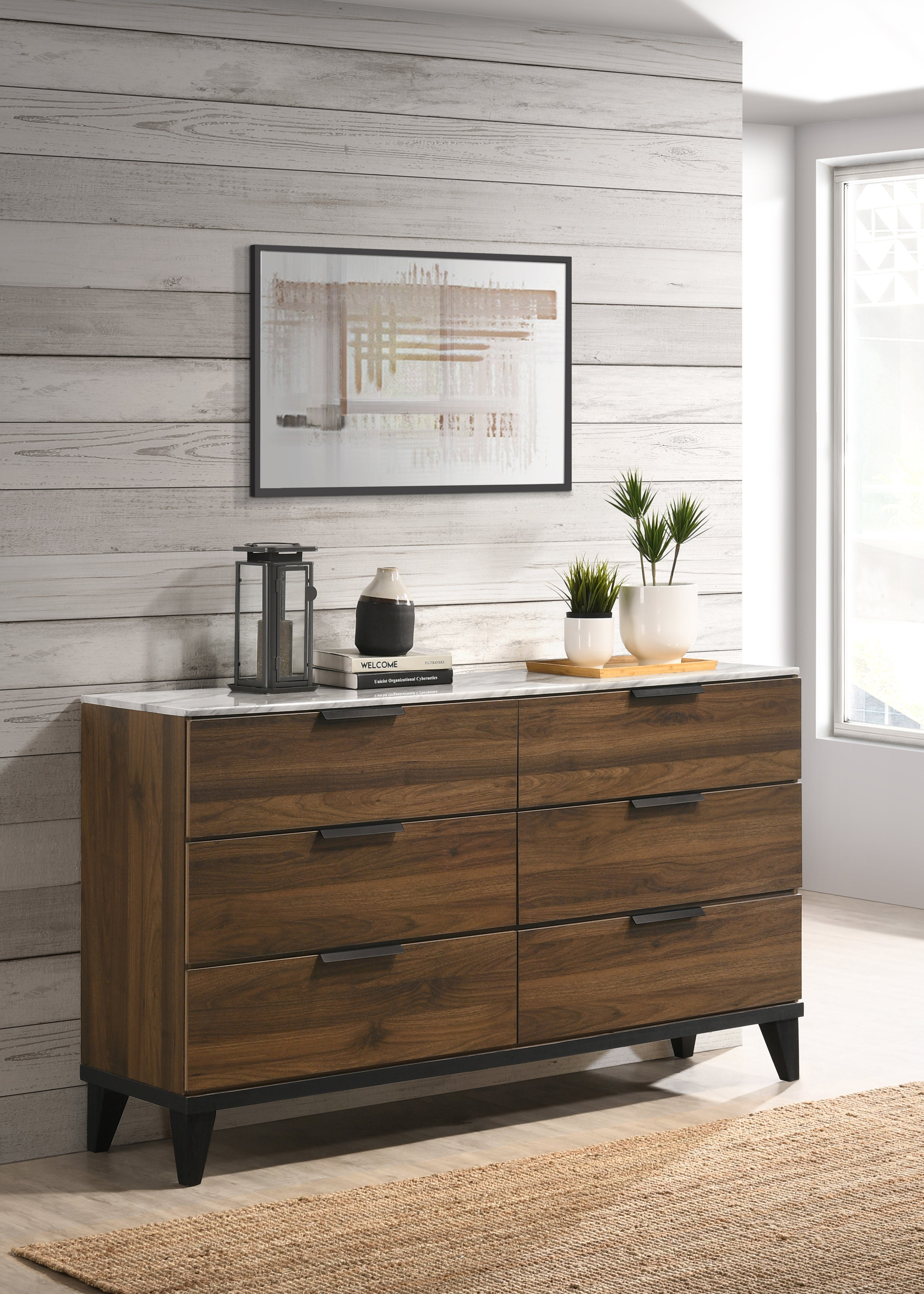 Mays 6drawer Dresser Walnut Brown with Faux Marble Top
