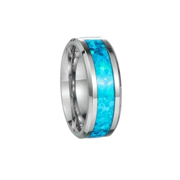 PAMTIER Unisex Stainless Steel Simple Elegant 8MM Thin Blue Imitation Opal Stacking Matching Wedding Ring Beveled Edges Silver Size 8