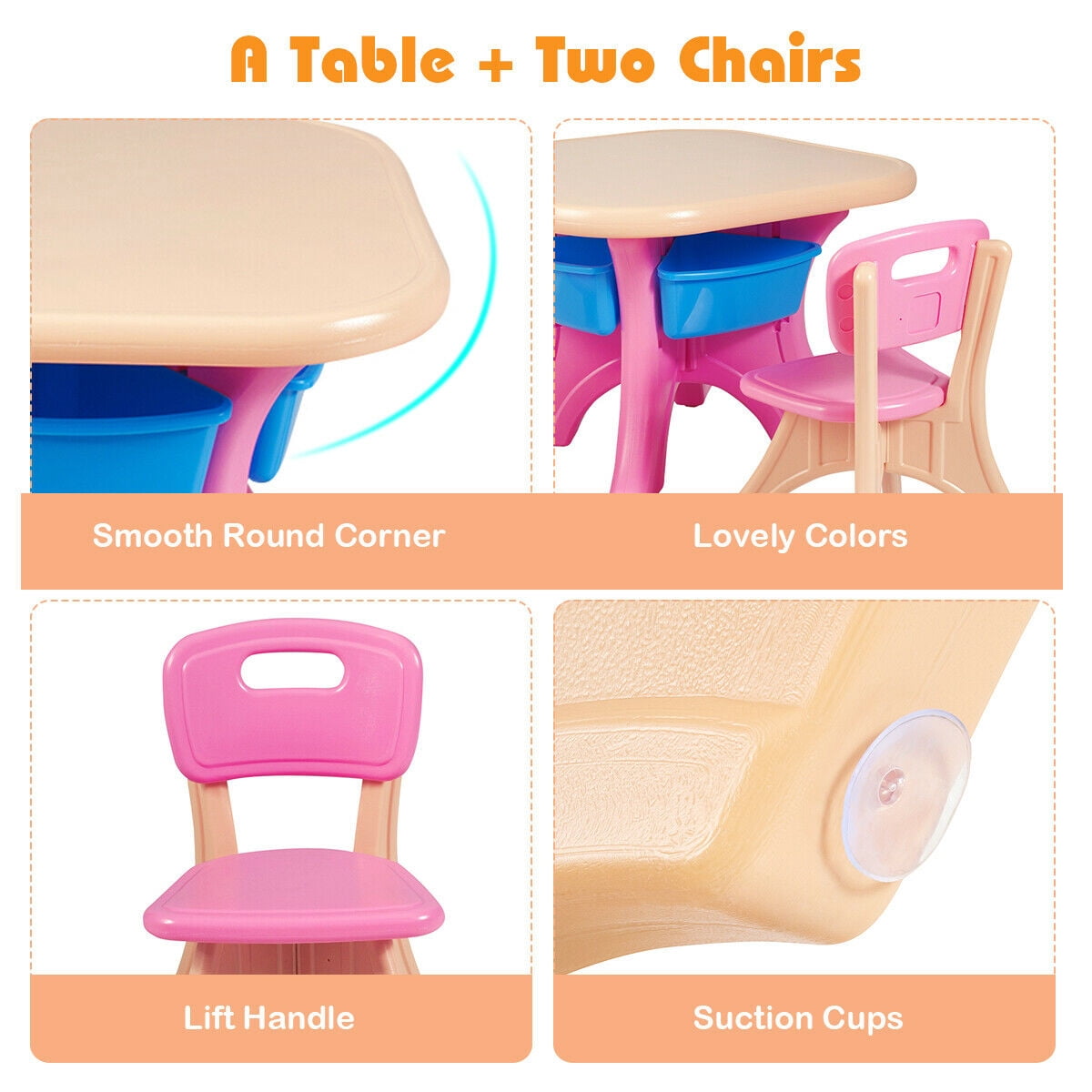 Gymax Fashion Plastic Children Kids Table & Chair Set 3 PC Play Furniture