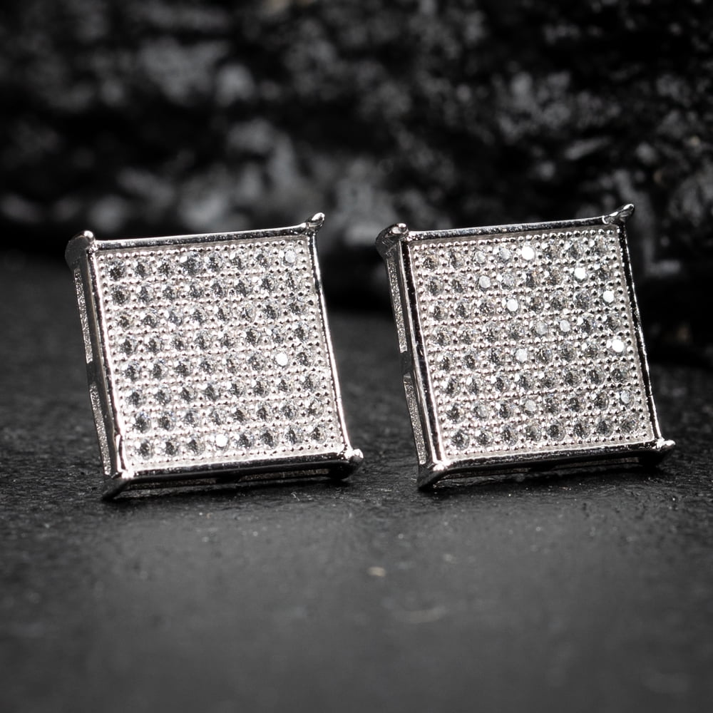 Mens Large White Gold Plated 925 Sterling Silver 5A Cz Cubic Zirconia Hypoallergenic Big Square Flat Screen 14mm Iced Hip Hop Micro Pave Ice Out Stud Screw Back Earrings For Men