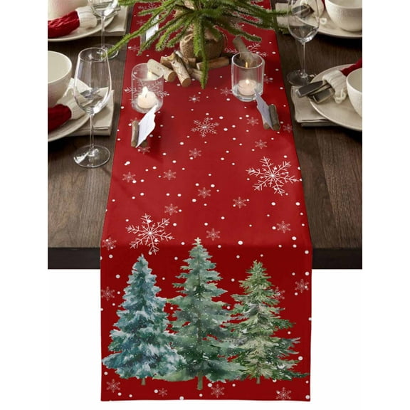 Christmas Table Runner Green Christmas Tree Table Runners Snowflake Red Cotton Linen Dresser Scarf Kitchen Dining Table Decor for Christmas Holiday Party Decor 13x36 Inch
