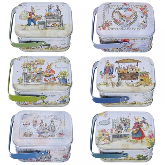 6PCS Easter Portable Candy Jar, Elegant Cookie Jar,Tin Metal Empty Jars Cookie Box Candy Storage Containers, Easter Gift Box Decor with Lids and Handle for Easter Decoration Holiday Party Supplies