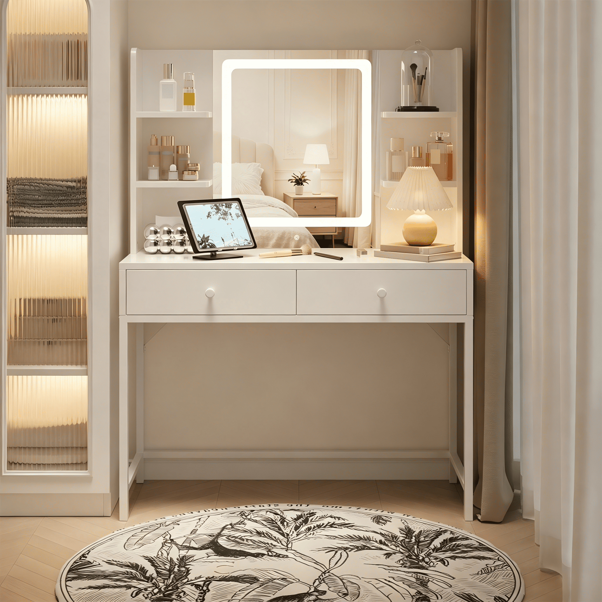 Vanity, White Lighted Vanity with Mirror, Makeup Vanity with Adjustable Lighting, 2 Storage Drawers, 6 Storage Shelves for Girls Perfect Gift