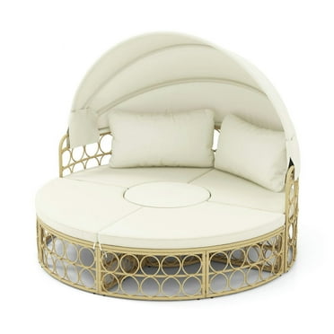 Kadyn Outdoor Patio Round Daybed with Retractable Canopy and Soft Cushions-White