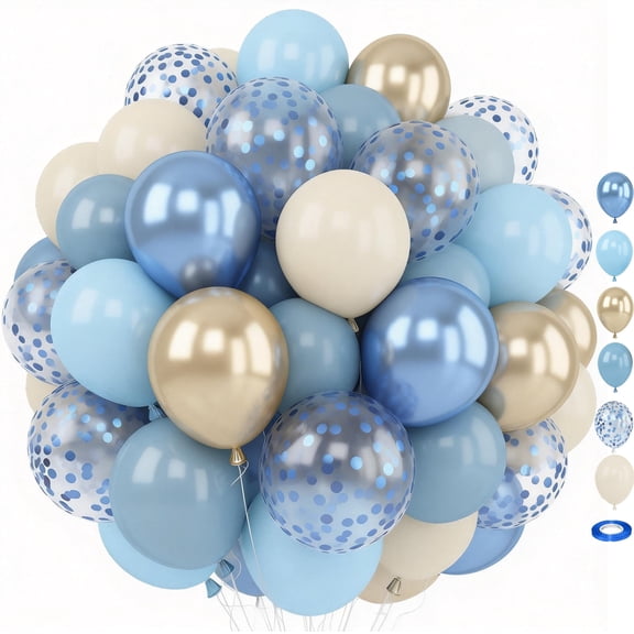 60 Pcs 12 Inch Dusty Baby Blue Metallic Gold Blue Confetti Balloons, Dusty Blue Gold Balloons Sand White Balloons for Boy Baby Shower Bridal Shower Gender Reveal Birthday Party Supplies