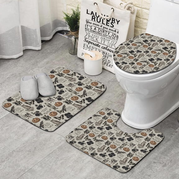 Beige Gothic Skull Pumpkin Rose Pattern Bathroom Rugs Sets 3 Piece,Toilet Cover Set,Absorbent Non Slip Bathroom Mats Sets with U-Shaped Contour Rug Toilet Rug Set
