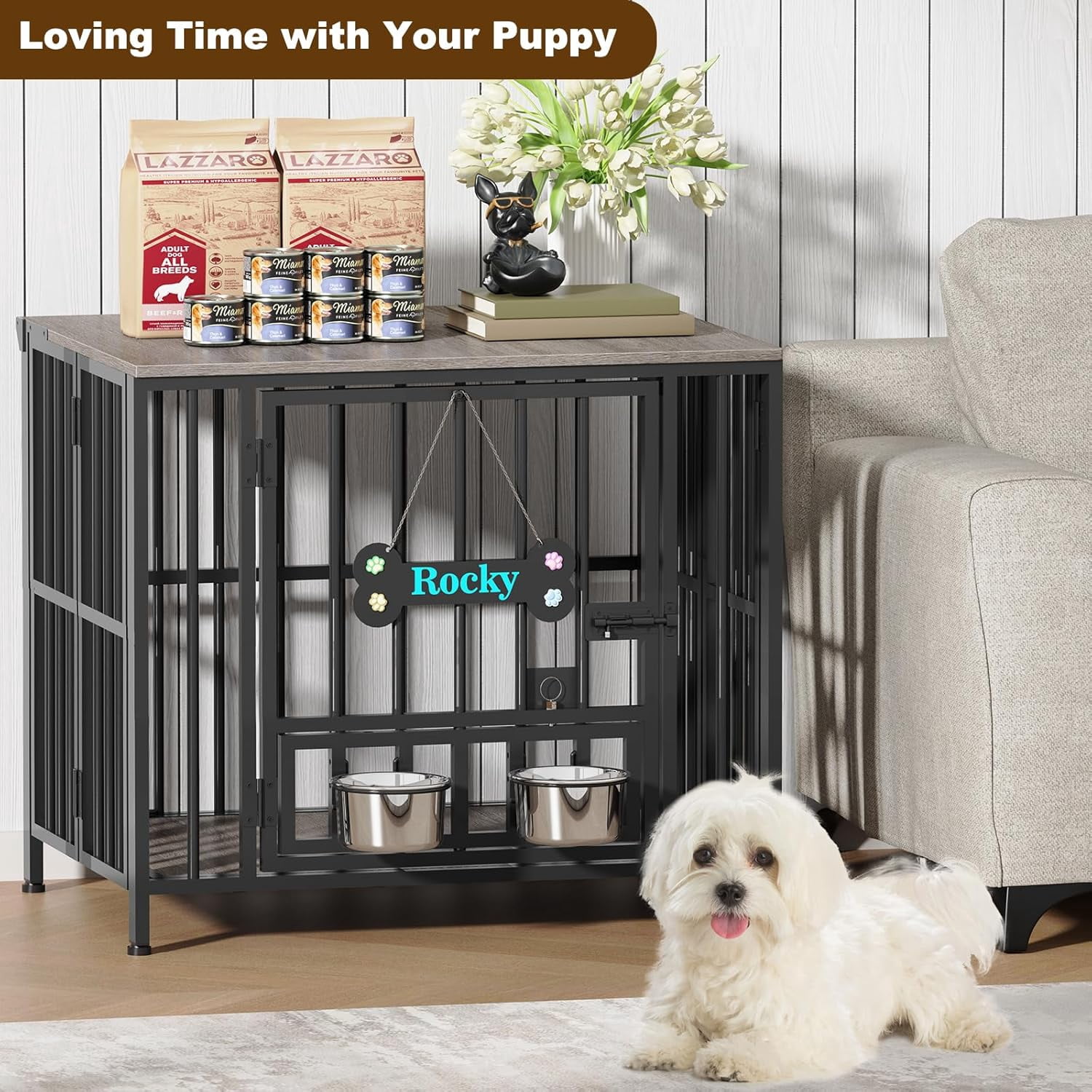 POAO 27"Dog Crate Furniture Foldable, No Assembly Dog Kennel Indoor for Small Dog(Under 20 lb), Dog Cage with Adjustable Bowls &Name Tag, End Table