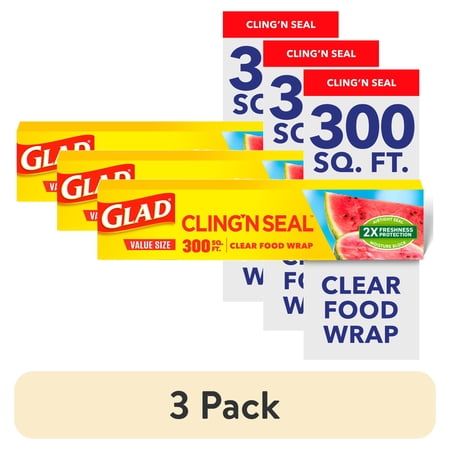 (3 pack) Glad ClingN Seal Plastic Food Wrap, 300 Square Foot Roll
