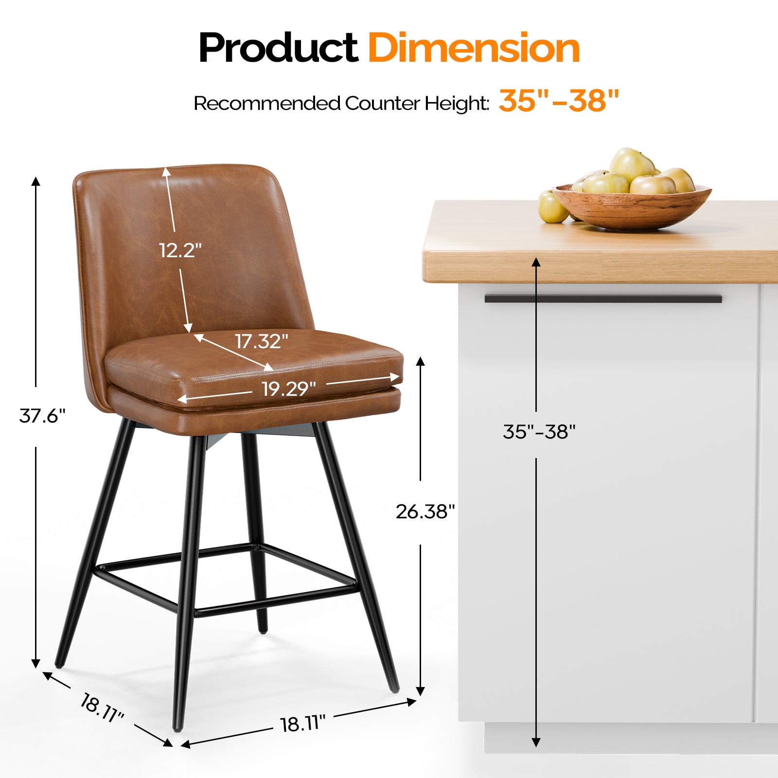 Zimtown Modern Bar Stools Set of 1, Swivel Barstool Counter Height Bar Chair, Kitchen Island Barstool 1 Pack, Light Brown