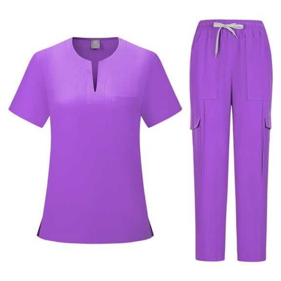 Petite Scrub Sets for Women Spring Summer V-Neck Scrub Top and Jogger Pants Quick Dry Nursing Scrubs Set Stretch Medical Uniform with Multi Pocket for Doctors, Nurses Purple M