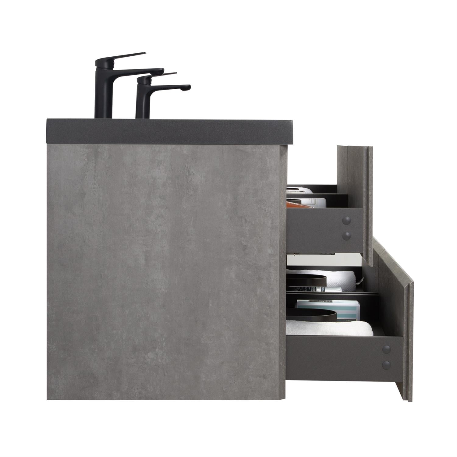 Demi Bonn 70" Floating Bathroom Vanity with Sink, Double Black Quartz Sand Top Basin and 4 Soft Close Drawers, Faucets and Drains Not Included, Gray