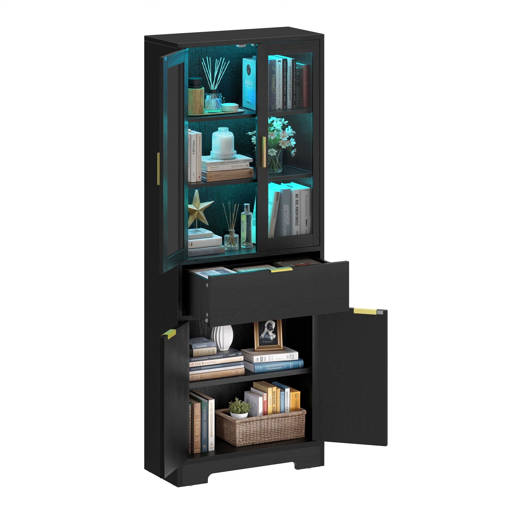 Uforic 65" Bookcase with Drawers & Doors, Tall Storage Cabinet with Adjustable Shelves, Display Bookshelves, Black