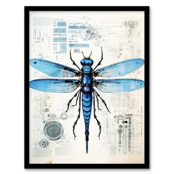 Dragonfly Spy Bot Robot Hybrid Schematic Blueprint Futuristic Secret Complex Arcane Manuscript Gift For Him Man Cave Art Print Framed Poster Wall Decor 12x16 inch