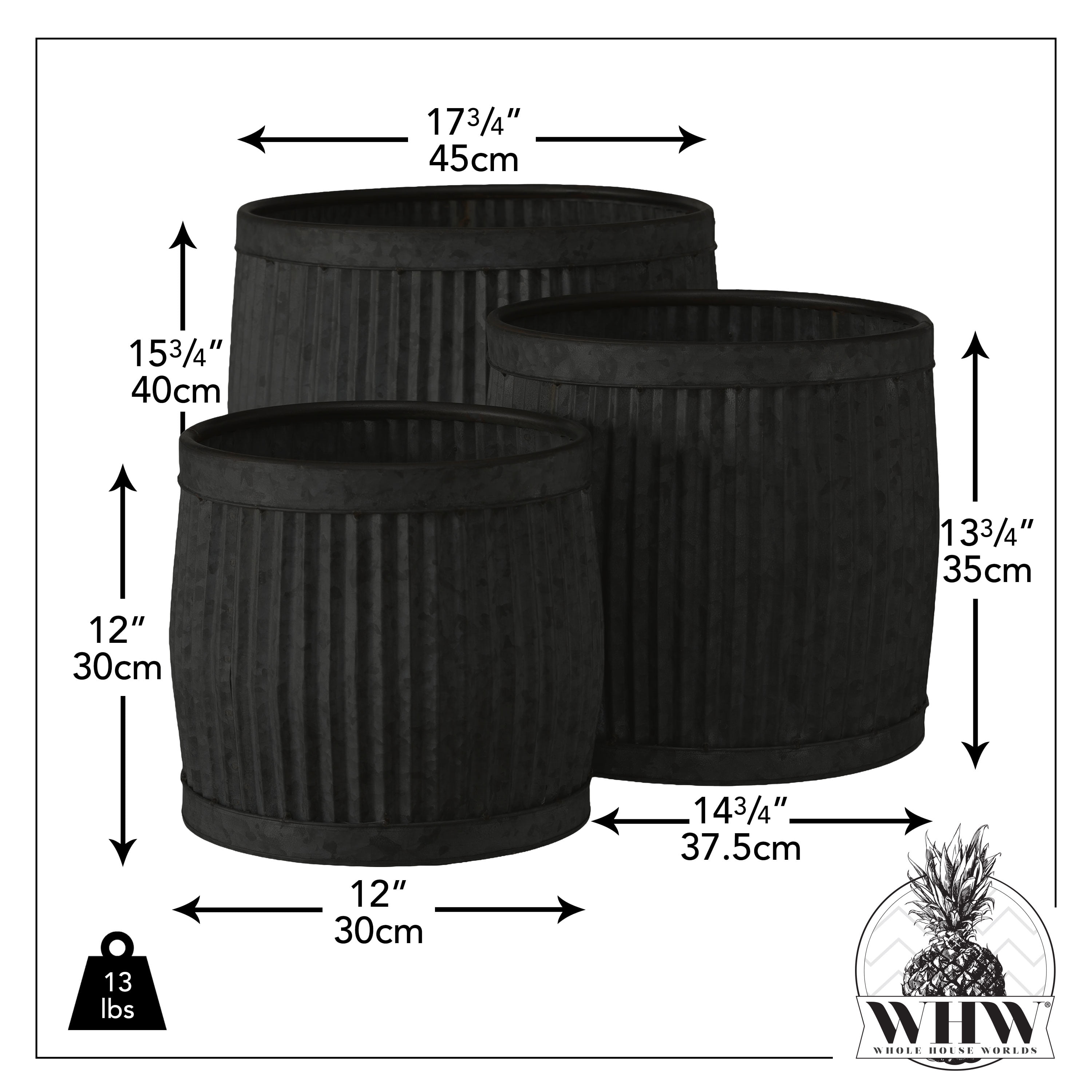 WHW Whole House Worlds Large Capacity French Country Style Belly Bucket Planters, Round, Set of 3, Galvanized Metal, Black, Corrugated Cache Pots, Rustic