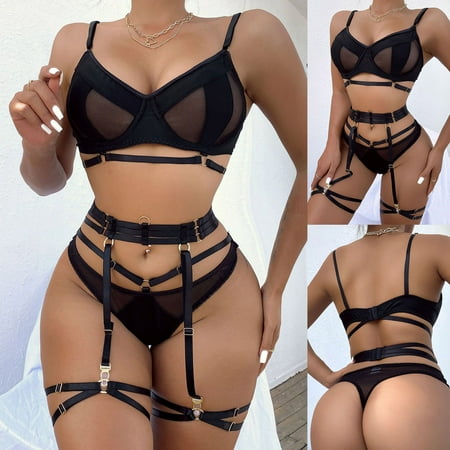 

Aayomet Lingerie For Women Lingerie Set for Women Naughty 3 PC Lace Bralette Bra and Panty Sets Garter Belt Lingerie Black L