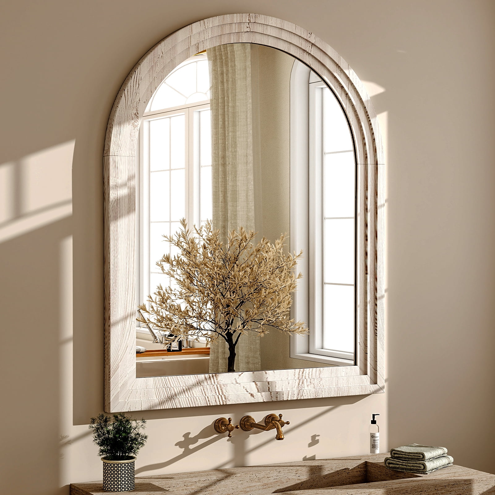 BEAUTYPEAK 30"x40"Arched Bathroom Mirror Wooden Framed Wall Mirror，White