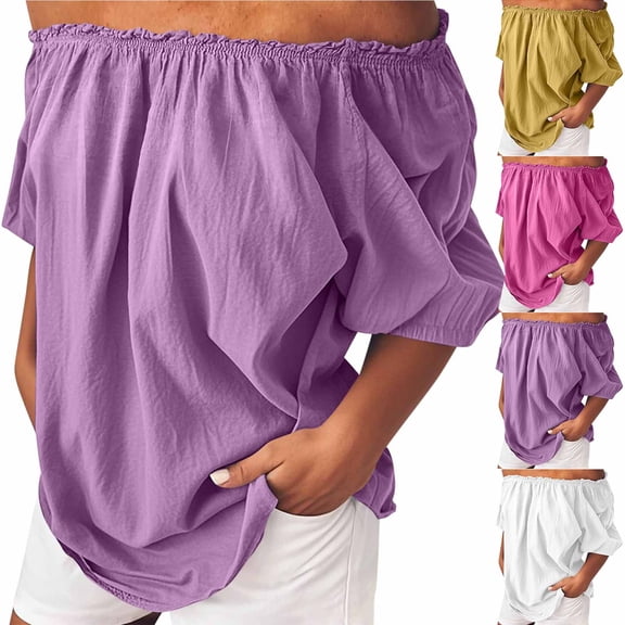 YHAJDS Women's T-Shirts Solid Color Short Sleeve Linen Off Shoulder Elastic Casual Top