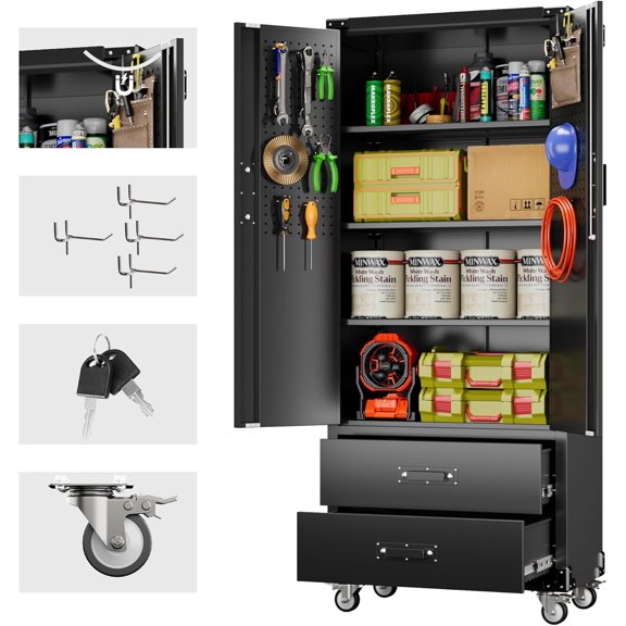 Metal Storage Cabinets with Door Pegboard,Lockable Garage Storage Cabinets with Wheels for Garage, Home, Office,Assembly Required,Black,13.8" D x 26" W x 31.5" H