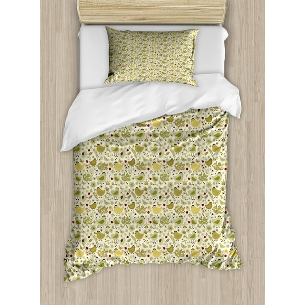 Spring Duvet Cover Set Twin Size Chicken Ladybug And Bees Ornamental Nature Composition On Polka Dotted Backdrop Decorative 2 Piece Bedding Set With 1 Pillow Sham Green Khaki By Ambesonne Walmart Com