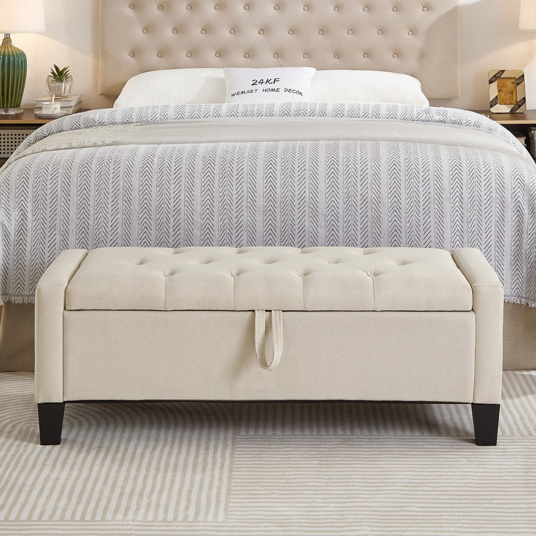 GZXS 45" Linen Upholstered Storage Ottoman Bench with Tufted Padded Seat, Hidden Compartment, and Side Pocket, for Entryway, Foyer, Bedroom or Living Area, Beige