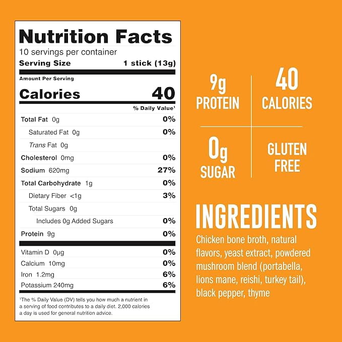 LonoLife Mushroom Chicken Bone Broth Powder Mix | 10g Protein | Collagen-Rich, Keto & Paleo Friendly | Natural Ingredients | 10 Portable Stick Pack Servings
