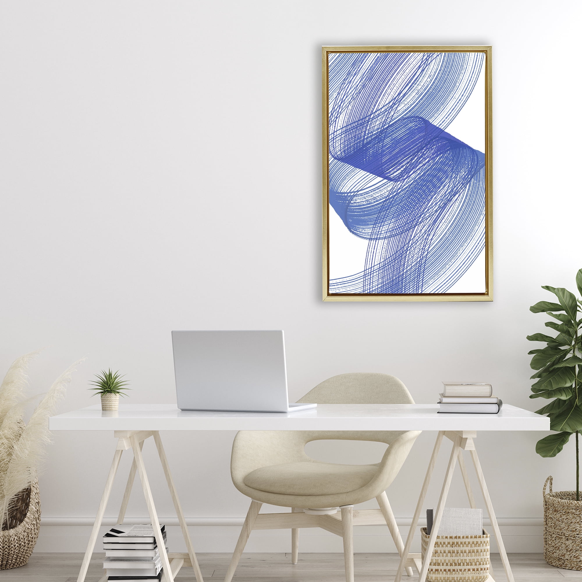Stupell Industries Blue Lines Flowing In Motion Gold Framed Floater Canvas Wall Art, design by Martina Pavlova