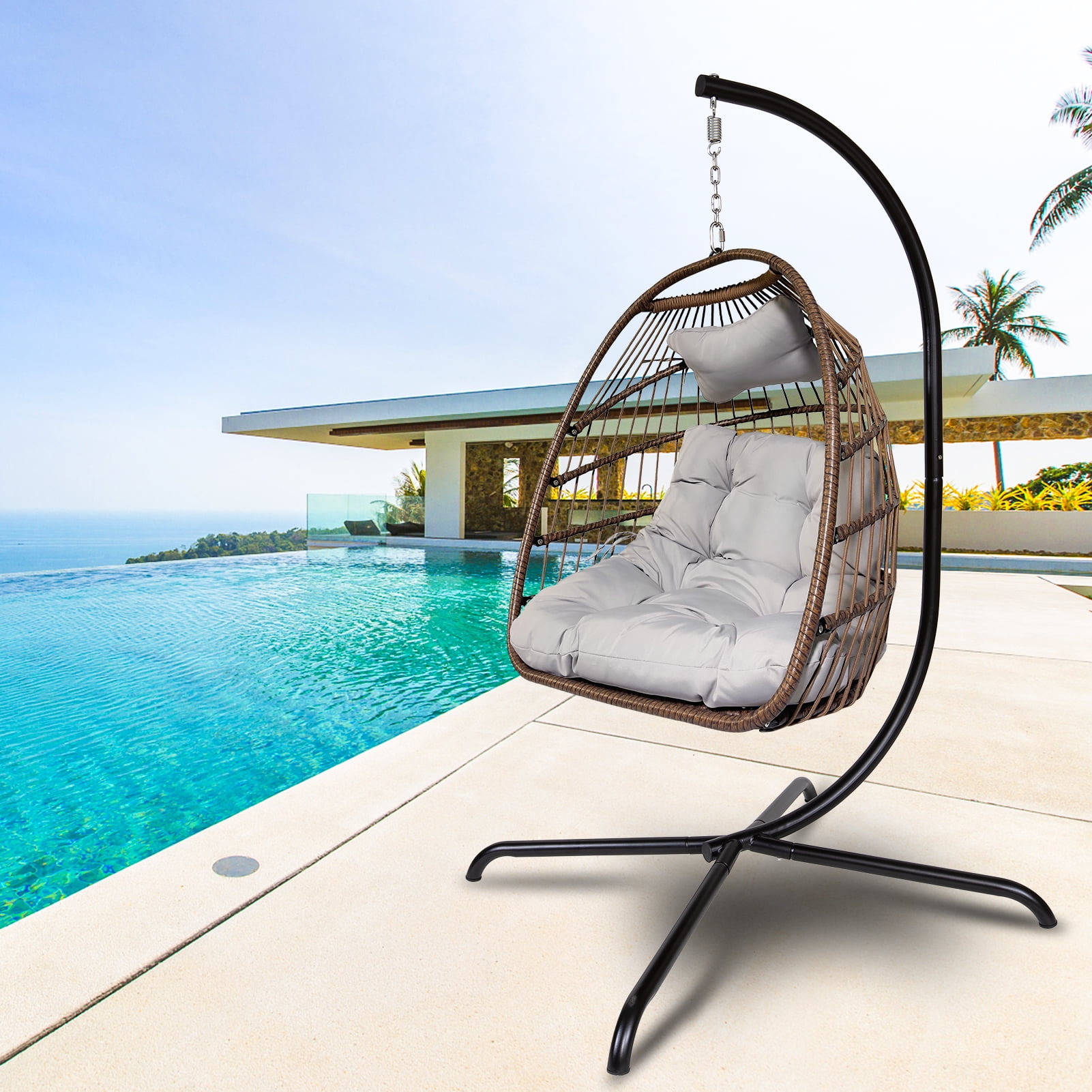 Single Hammock Hanging Chair Air Deluxe Outdoor Chair Solid Wood w/ Pillow Grey 