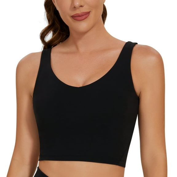 AGONVIN Women's Longline Sports Bra - U Back Wirefree Padded Workout Yoga Bra Crop Top Black XXL