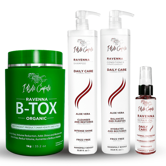 I Belli Capelli Ravenna Kit: Organic B-tox, Aloe Vera shampoo & conditioner, repair oil. Intense hydration, shine & anti-frizz. Formaldehyde-free. For all hair types.