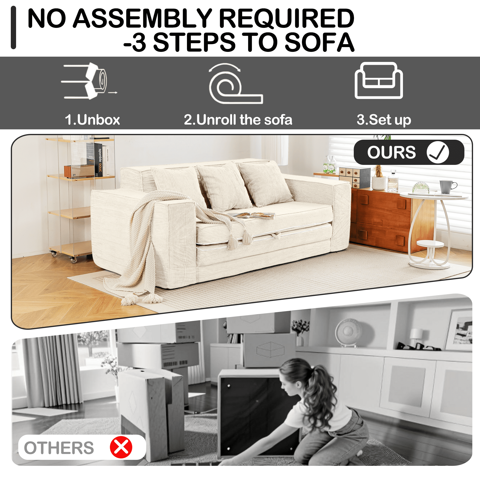 Vicluke Convertible Memory Foam 3-seat Sofa & Loveseat, Pull Out Sleeper Sofa Bed, 2 in 1 Folding Couch Bed, Fold Out Floor Couch Corduroy Fabric with Pillows for Living Room Bedroom Lounge(Beige)