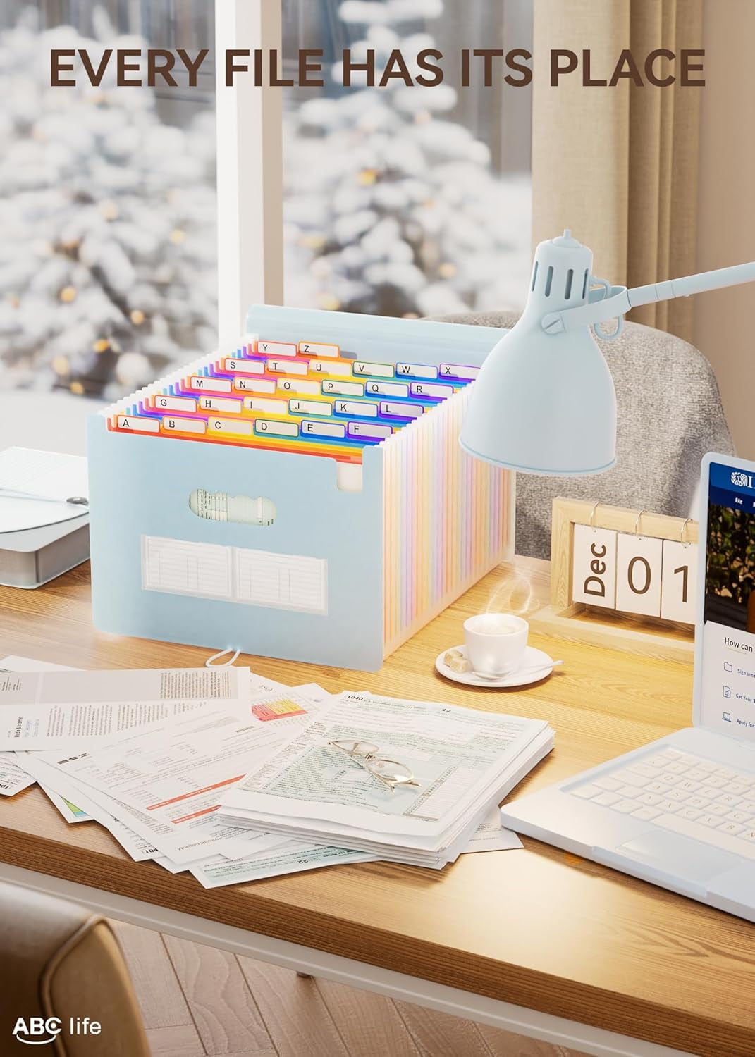 26 Pockets Accordian File Organizer Expanding File Folders, Portable Letter A4 Size Filing Box,Plastic Monthly Receipt Document Organizer with Colored Tabs (Light Blue)