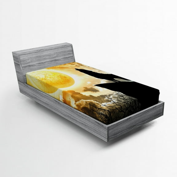 Ambesonne Wolf Fitted Sheet, Howling Animal Silhouette Hill, Twin XL Size, Yellow and Black