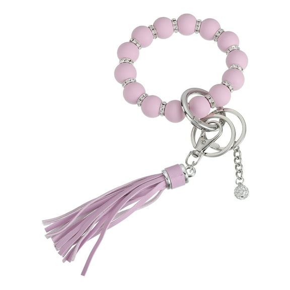 Uxcell Silicone Wristlet Keychain, Cute Beaded Wristlet Keychain Car Key Ring with Leather Tassel for Women, Light Purple