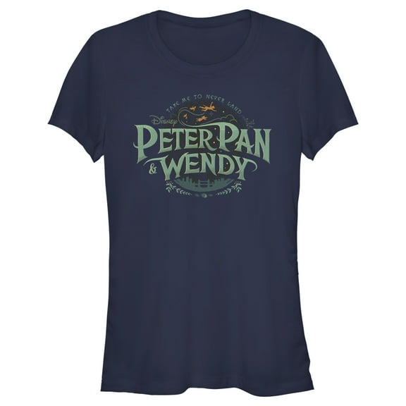 Junior's Peter Pan & Wendy Take Me to Never Land Logo Graphic Tee Navy Blue 2X Large