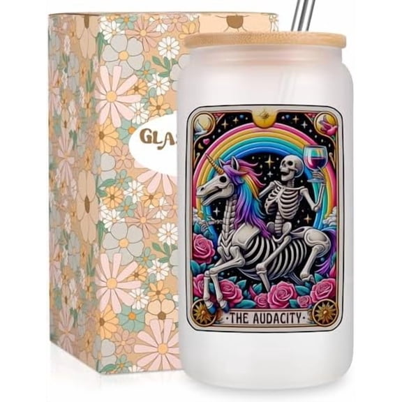 the Audacity Iced Coffee Cups, Cute Goth 16 oz Frosted Glass Tumbler w/Lid Straw, Gothic Skull Cup, Spooky Skeleton Glass Tumbler, Christmas Birthday, Witchy Gifts for Women Tarot Lovers