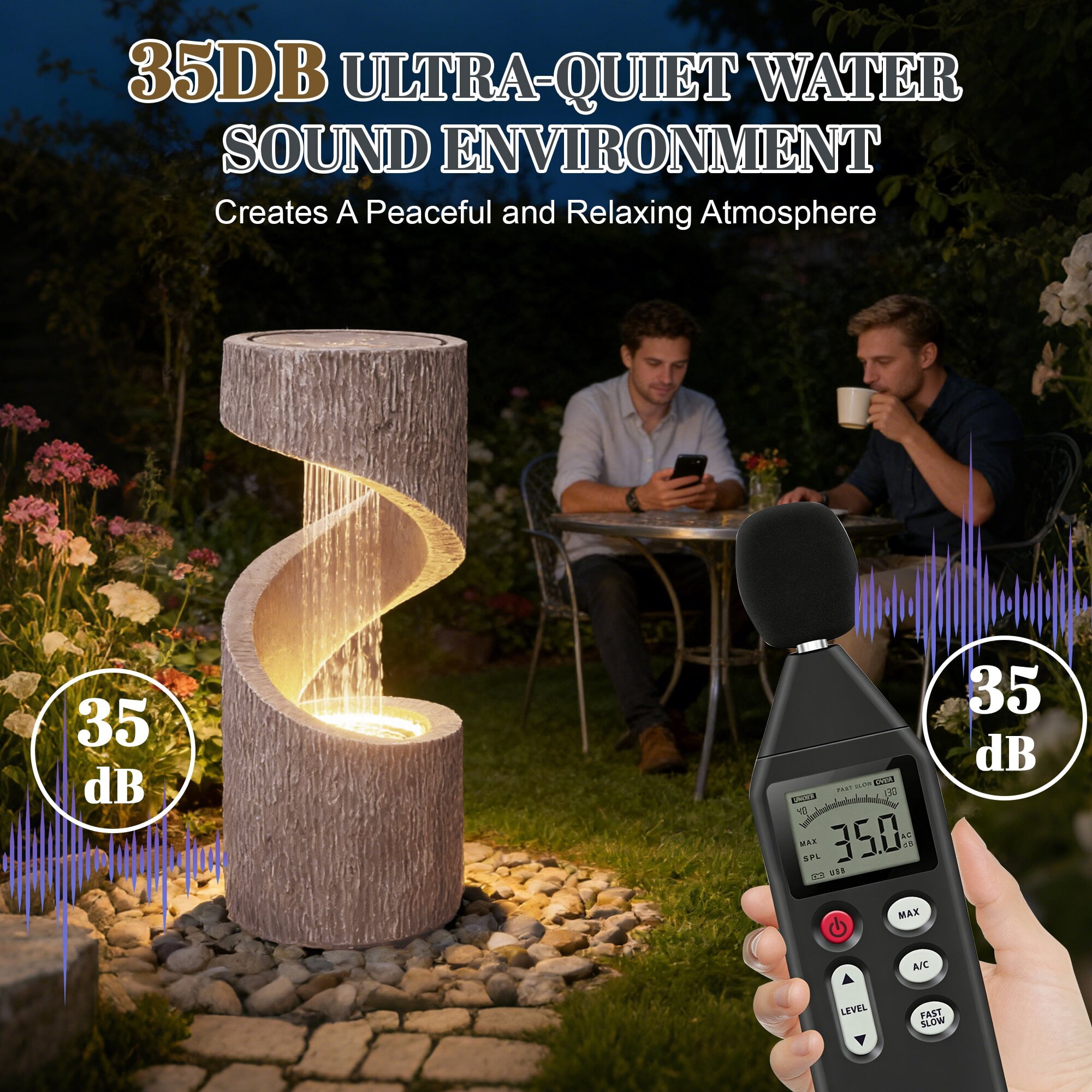 Kaluomm 32" Modern Spiral Column Outdoor Water Fountain with LED Light, Freestanding Resin Waterfall for Patio Garden Decor, Beige