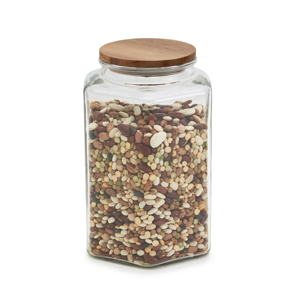 Mason Craft & More Large Glass Hexagon Design Canister with Acacia Wood Lid, Clear Mason Jar Storage, 2.75 Liter (93oz)