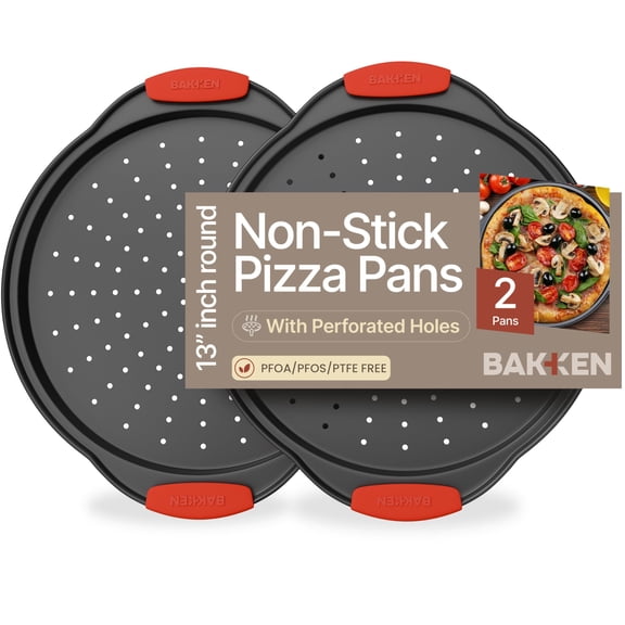 Pizza Tray – 2 Round with Silicone Handles – Carbon Steel Pizza Pan with Holes and Non-Stick Coating – by Bakken