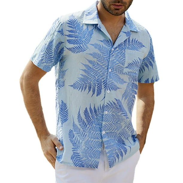 Sonducket Camisa de playa hawaiana Blusa de solapa suelta manga corta Simple hoja tropical Top ropa camiseta viaje diario vacaciones Camisetas Azul claro METRO
