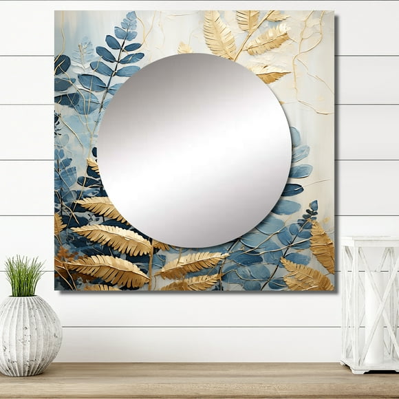 Designart « Symphonie de Fougères Bleues et Dorées Aérées III » Miroir Carré de Fougères pour Déco Murale - Grand Miroir Carré Bleu Déco Murale Imprimée - Miroir Carré Moderne pour Salon