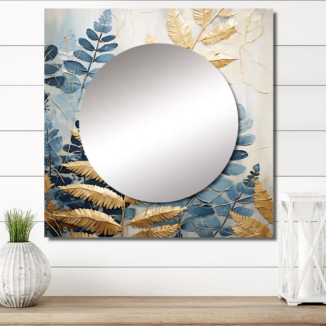 Designart "Symphony of Breezy Blue and Golden Ferns III" Ferns Square Mirror For Wall Decor - Large Blue Square Mirror Printed Wall Decor - Modern Square Living Room Mirror