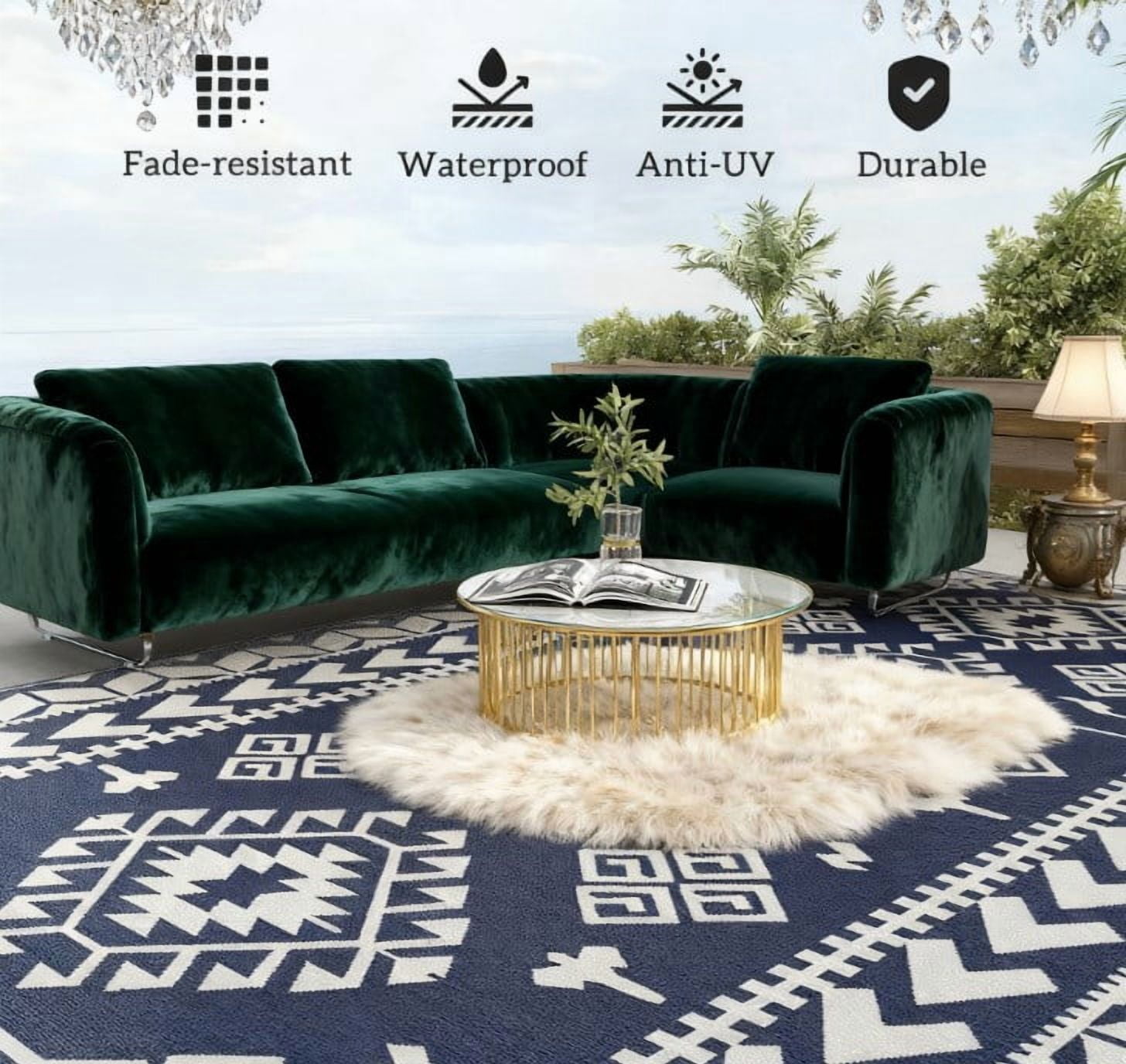 9' x 18' Blue & White Rhombus Patchwork Reversible Outdoor Patio Rug, Waterproof Portable Camping Mat with Carry Bag, Foldable RV Carpet
